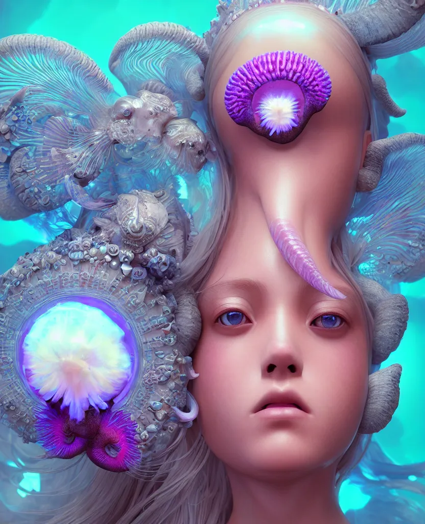 Image similar to goddess princess beautiful face close-up portrait ram skull fluffy toy. jellyfish phoenix head, nautilus, orchid, skull, betta fish, bioluminiscent creatures, intricate artwork by Tooth Wu and wlop and beeple. octane render, trending on artstation, greg rutkowski very coherent symmetrical artwork. cinematic, hyper realism, high detail, octane render, 8k