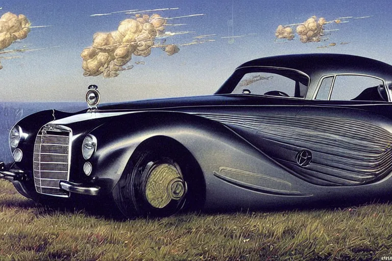 Prompt: intricate, 3 d, 1 9 5 5 mercedes, style by caspar david friedrich and wayne barlowe and ted nasmith.