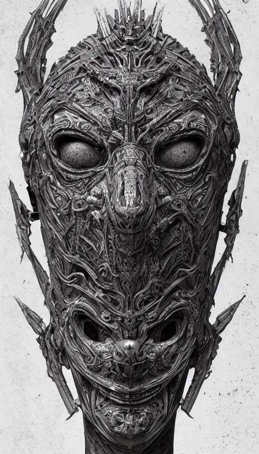 Image similar to ancient biomechanical hybrid slavic thunder god armored head fantasy human angel face mask tattoo pattern concept, glagolitic glyph, intricate artwork by, Johnatan Wayshak, Zdizslaw Beksinski, Artgerm, H.R. Giger, very coherent artwork, cinematic, hyper realism, high detail, octane render, unreal engine, 8k, High contrast, higly detailed black ink outline, crosshatch sketch gradient