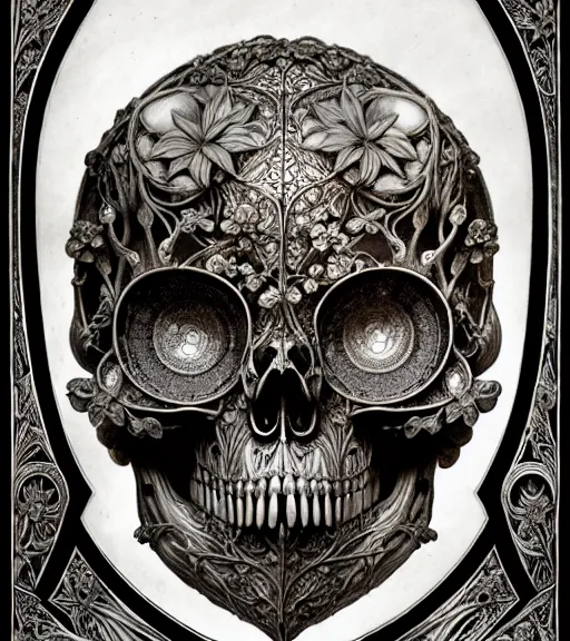 Image similar to art forms of nature by ernst haeckel, memento mori by arthur rackham, ornate antique porcelain beautiful skull mask, ultrasharp, photorealistic, hyperdetailed, octane render, polished, art nouveau, neo - gothic, gothic, intricate ornamental organic filigree, art nouveau botanicals, art forms of nature by ernst haeckel, horizontal symmetry, symbolist, visionary