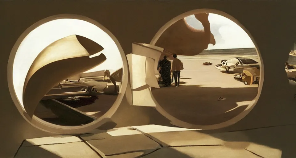 Image similar to a giant seashell with a doorhole, cinematography by syd mead, gregory crewdson