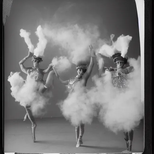Image similar to polaroid of dancers that are made from cotton candy, smoke and clouds, wearing top hats. there is some diamonds suspended in air, beams of light disperse trough diamonds, prism-like