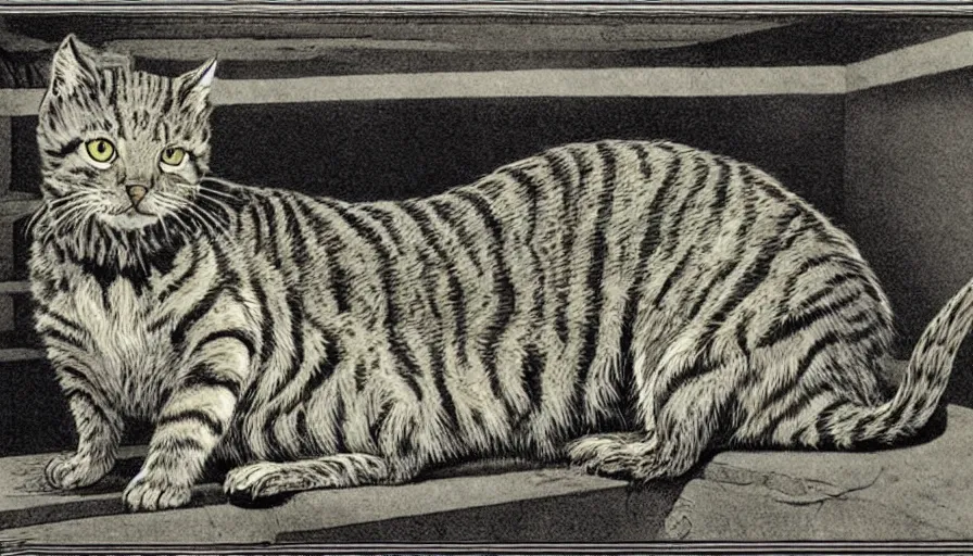 Image similar to bernie wrightson tabby cat morphed with alligator skin swimming pool veterinary diagram optical illusion