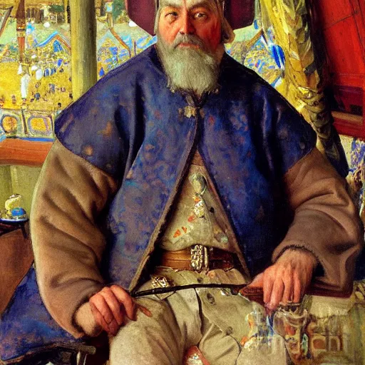 Image similar to portrait of medieval russian tsar in Cap of Monomakh sitting and holding iphone smartphone cellular masterpiece painting by vasnetsov and surikov serov, JEAN-VICTOR BERTIN, by Terence Cuneo, detailed, artfully traced, 4k resolution, cinematic, dramatic