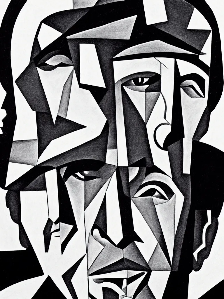 Prompt: a detailed line art portrait of writer leonard cohen, inspired by cubism.