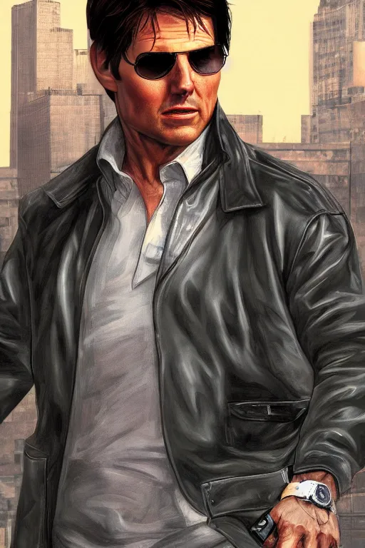 Prompt: a medium shot of tom cruise in gta 4, cover art by stephen bliss, highly detailed, trending on artstationhq