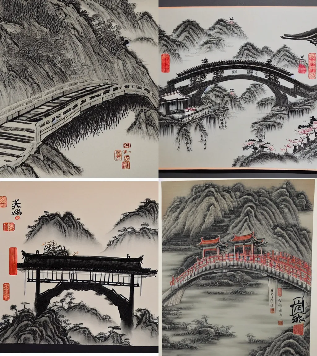 Prompt: ink painting of a chinese bridge by george tsui, gu kaizhi, queen bee