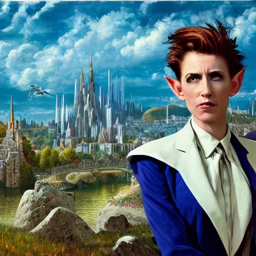 Prompt: portrait of a beautiful androgynous actress with medium-length messy spiked auburn hair and pointed elf ears and dressed in a blue men's suit with a yellow tie, standing on a stone bridge with a fantasy metropolis of tall stone towers in the background, oil painting in the style of Alex Ross