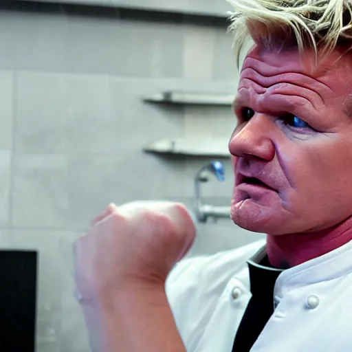 Image similar to gordon ramsay pissed off that his toilet broke, 8k, dramatic scene