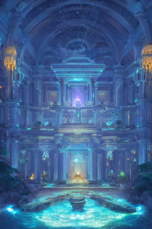 Prompt: inside of an atlantis palace, bioluminescent light, fountain, crystals, intricate, elegant, volumetric lighting, digital painting, highly detailed, artstation, sharp focus, illustration, concept art, ruan jia, steve mccurry