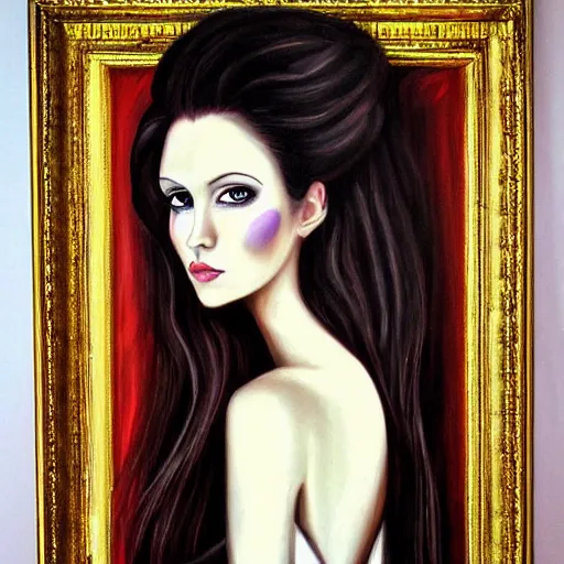 Image similar to painting portrait of a beautiful young long dress woman _ dark _ haired woman by cheval michael