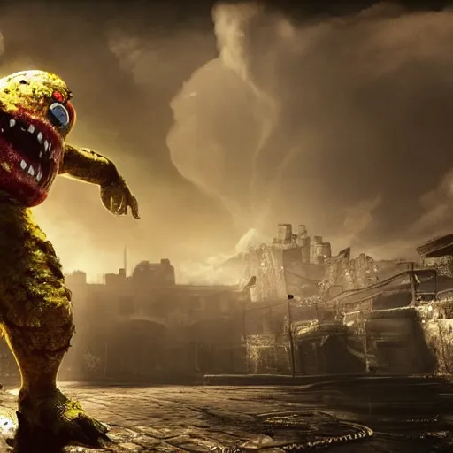 Image similar to evil large spongebob monster in gears of war, splash art, movie still, detailed face, photorealistic facial features, cinematic lighting, dramatic, octane render, long lens, shallow depth of field, bokeh, anamorphic lens flare, 8 k, hyper detailed, 3 5 mm film grain