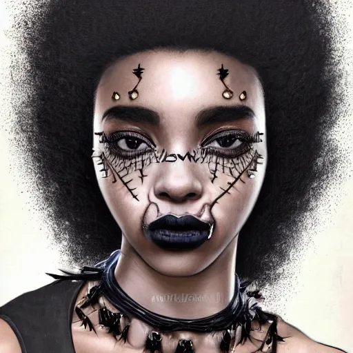 Prompt: ultra realistic illustration, portrait a mixed woman, with black afro, with black lipstick, with a spikey choker around neck, intricate, elegant, highly detailed, digital painting, artstation, concept art, smooth, sharp focus, illustration, art by artgerm and greg rutkowski and alphonse mucha