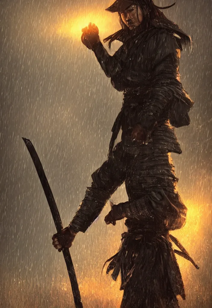 Image similar to a samurai holding his sword in a heroic pose while standing in heavy rain glowing at night, perfect lighting dark, magical, fantasy, trending on artstation, digital art.