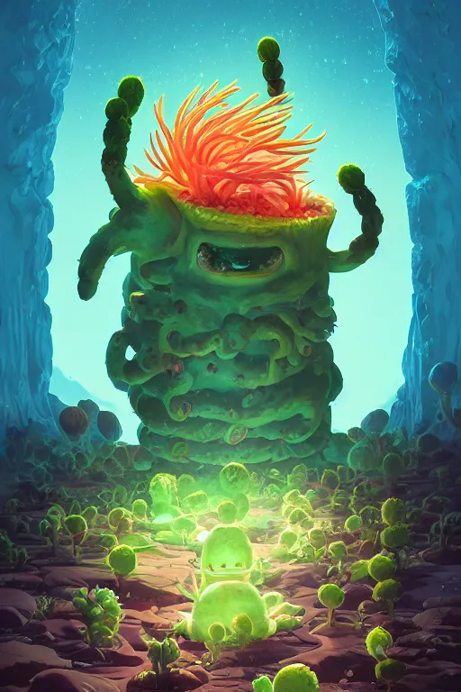 Image similar to roots cactus sushi cristal smurf ghost creature animal sushi cristal very big eye roots cactus elemental flush of force nature micro world fluo fishscale, behance hd by jesper ejsing, by rhads, makoto shinkai and lois van baarle, ilya kuvshinov, rossdraws radiating a glowing aura global illumination ray tracing hdr