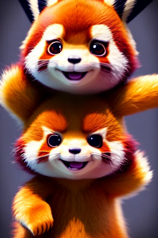 Image similar to high quality 3 d render hyperrealist very cute happy red panda & cat hybrid, vray smooth, detective pikachu, very dramatic light, low angle, uhd 8 k, shallow depth or field