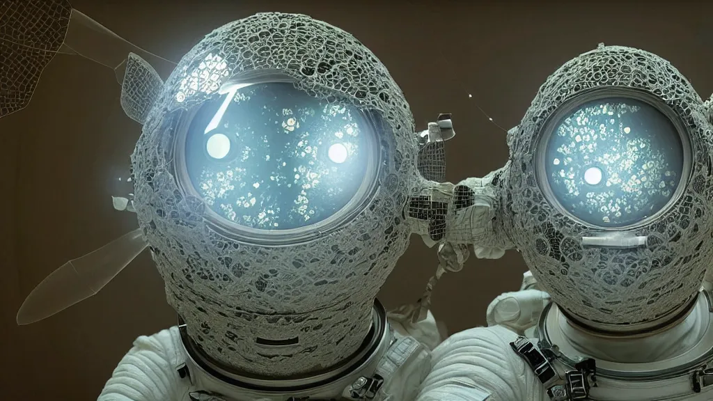 Image similar to a single astronaut eva suit made of diamond 3d fractal lace iridescent bubble 3d skin and covered with insectoid compound eye camera lenses floats through the living room, film still from the movie directed by Denis Villeneuve with art direction by Salvador Dalí, wide lens,