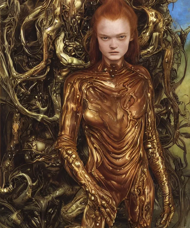 Prompt: a portrait photograph of a fierce mutated transforming hybrid super villian with slimy skin. she looks like sadie sink and is trying on a infected bulbous shiny organic catsuit. by donato giancola, hans holbein, walton ford, gaston bussiere, peter mohrbacher and brian froud. 8 k, cgsociety, fashion editorial