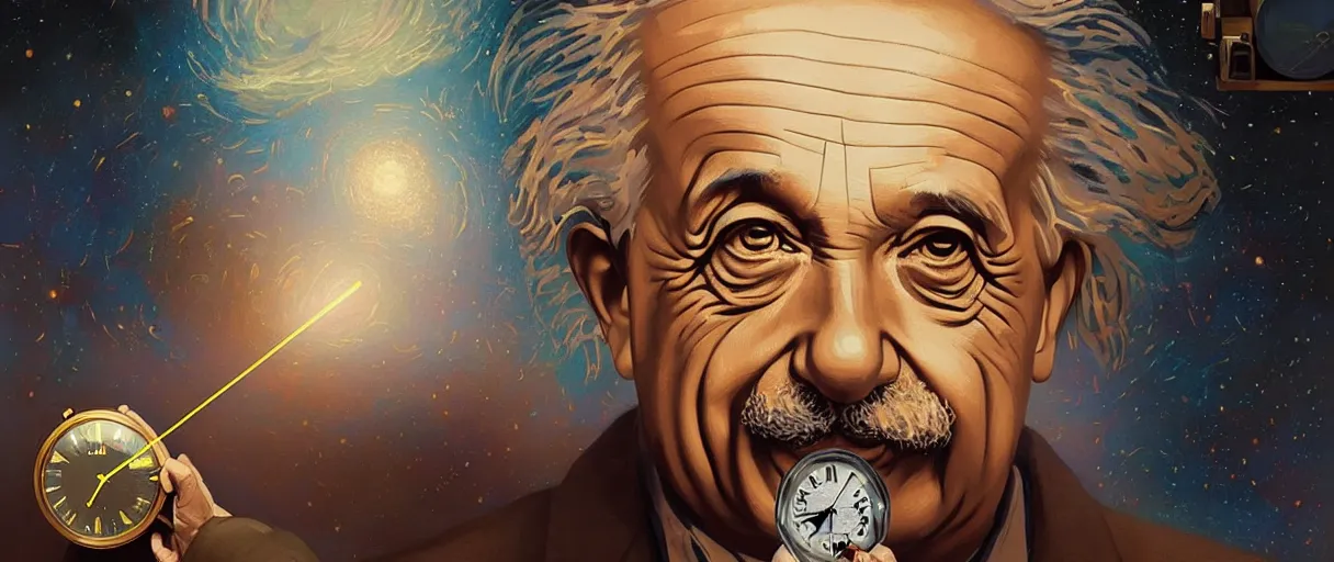 Prompt: dynamic and abstract portrait of albert einstein checking time on vintage pocket clock in outer space - cinematic lighting - art, by wlop, james jean, victo ngai! muted sepia colors, very detailed, art concept by craig mullins, thomas kinkade cfg _ scale 8