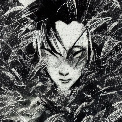 Prompt: Yoshitaka Amano blurred and dreamy illustration of an anime man with black short hair fluttering in the wind and cracks on his face, abstract black and white patterns on the background, noisy film grain effect, highly detailed, Renaissance oil painting, weird portrait angle