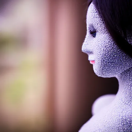 Prompt: , ahair robot half human girl dresses herself in fabric, 5 0 mm lens, f 1. 4, sharp focus, ethereal, emotionally evoking, head in focus, volumetric lighting, blur dreamy outdoor,