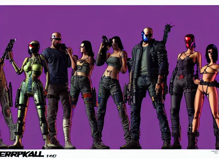 Image similar to cyberpunk cartel kill squad. portrait by stonehouse and mœbius and will eisner and gil elvgren and pixar. character design. realistic proportions. cyberpunk 2 0 7 7 character art, blade runner 2 0 4 9 concept art. cel shading. attractive face. thick lines. the team. diverse characters. shadowrun. artstationhq.