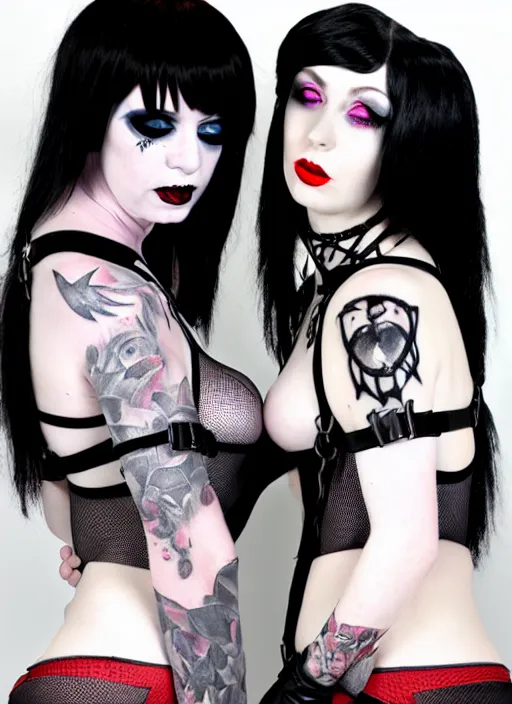 Image similar to two beautiful pale skin cosplay goth girls, worksafe fishnet harness with choker, fully clothes on, light gray eyes, big red lips, black hair, fully tattooed body, fishnet clothes, beautiful detailed face, paint by frank frazetta and greg staples