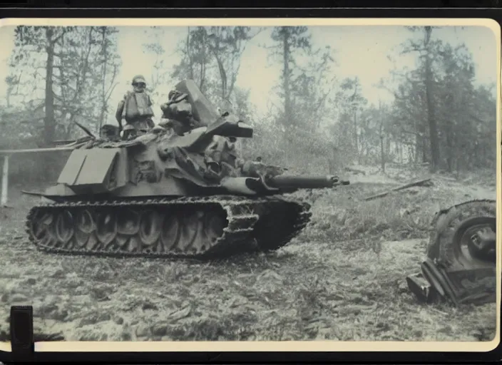 Image similar to found polaroid picture of a world war two 2 with a soviet mech war machine