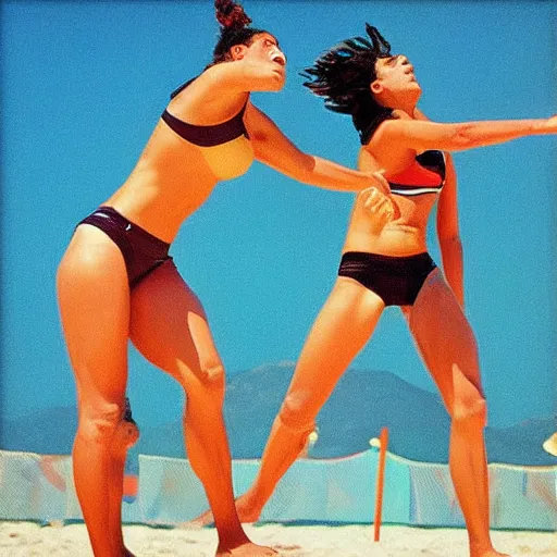 Image similar to “A couple of beach volleyball female players in 1990 by Amedeo Modigliani”