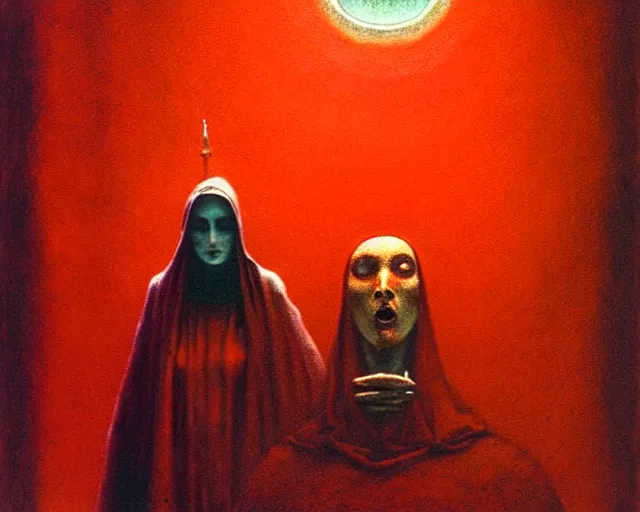 Image similar to lamprey by francis bacon, beksinski, mystical redscale photography evocative. devotion to the scarlet woman in her cathedral, priestess in a conical hat, coronation, ritual, sacrament