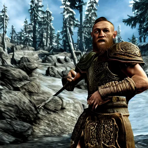 Image similar to attacking screenshot of conor mcgregor in skyrim, elf armor, ps 3 graphics, npc talking, wilderness, 1 0 8 0 p, bokeh, elder scrolls v, detailed, dialog text