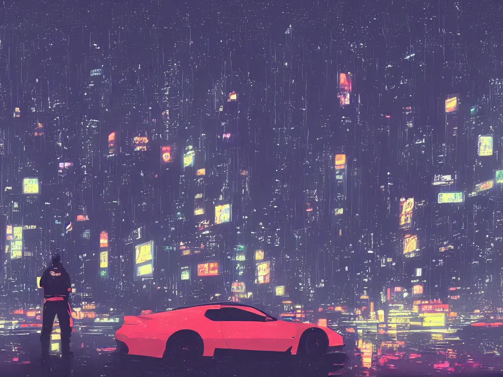 Prompt: Kanye West with JDM car at Tokyo at night sky full of stars with a lot of neon lights buildings makoto shinkai style, pixiv, 4k, wallpaper, high quality