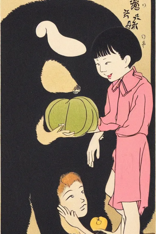 Image similar to a young smiling girl gives a peach to a really large anthropomorphic asian black bear, in the style of foujita tsuguharu