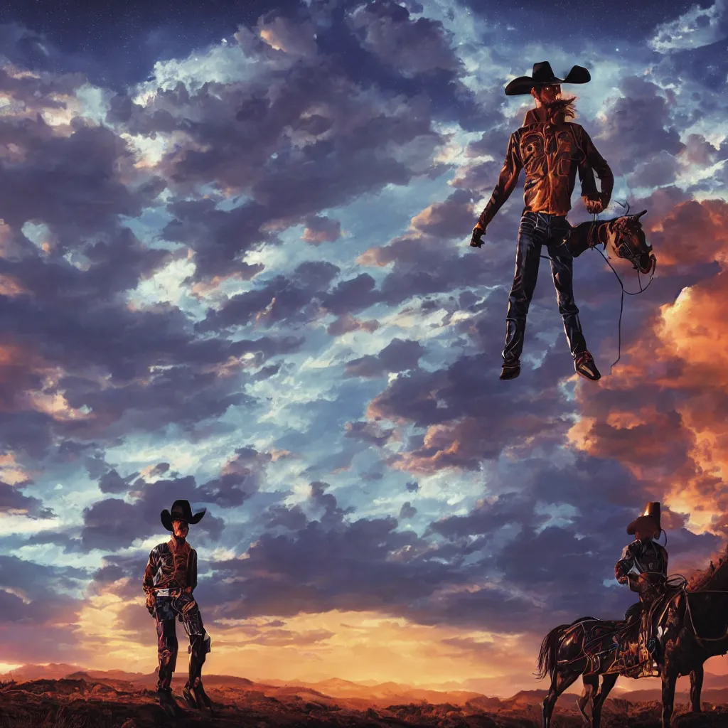 Image similar to octane render by laurie greasley and asher brown durand and jason edmiston, a cowboy wearing a full - body iridescent suit and cowboy hat inside a scenic western landscape with colorful clouds, cinema 4 d, 8 k, volumetric lighting and shadows