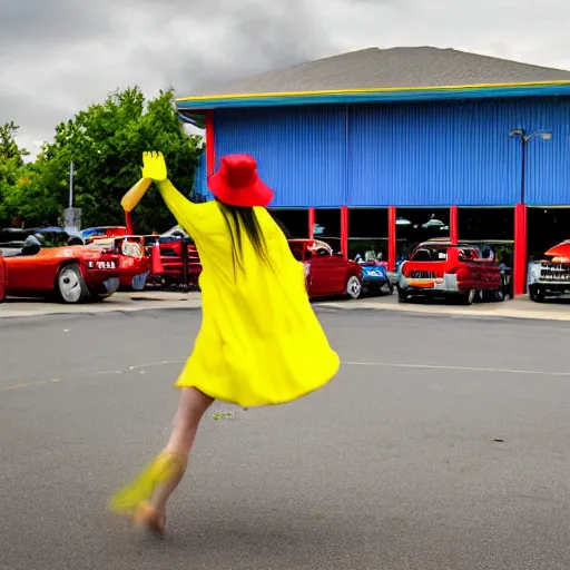 Image similar to realistic photograph of one bright yellow cat wearing a red hat, a green shirt and blue overalls dancing in a parking lot