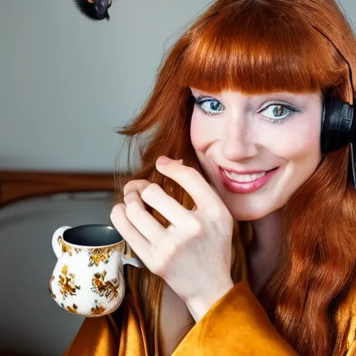 Image similar to a stunning hyper-detailed closeup portrait photo of a slender beautiful smiling woman with long ginger hair and bangs, wearing a luxurious silk robe, wearing headphones and posing with her large ginger tabby cat and her raccoon and parrots in an overstuffed easy chair in her sunlit victorian living room, holding a porcelain parrot-shaped coffee mug and a donut, perfect eyes, fashion photography, octane render, unreal engine, 85 mm lens,