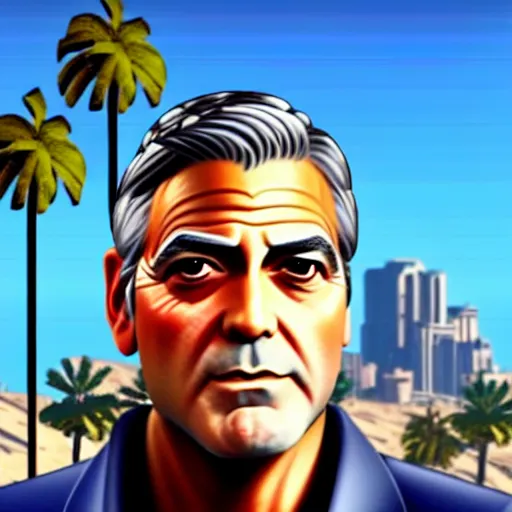 Image similar to george clooney in gta v. los santos in background, palm trees in the art style of stephen bliss