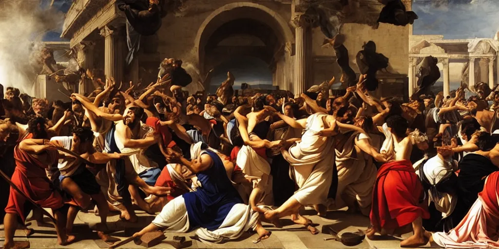 Image similar to beautiful oil matte painting, uprising of people at a greek political forum with fire and smoke, wonderful masterpiece highly detailed, beautiful cinematic light deep focus, elegant, digital painting, smooth, sharp focus, golden ratio, dramatic illumination, ultra realistic, 8 k, art by artemisia lomi gentileschi and caravaggio