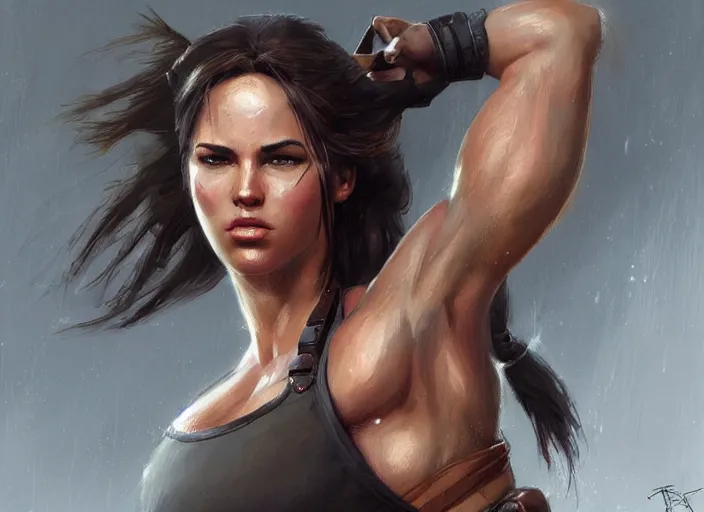 Prompt: portrait of lara croft as a beautiful female bodybuilder amazon with plump lips, elegant, fantasy, hd shot, digital portrait, beautiful, artstation, comic style, by artgerm, guy denning, jakub rozalski, magali villeneuve and charlie bowater