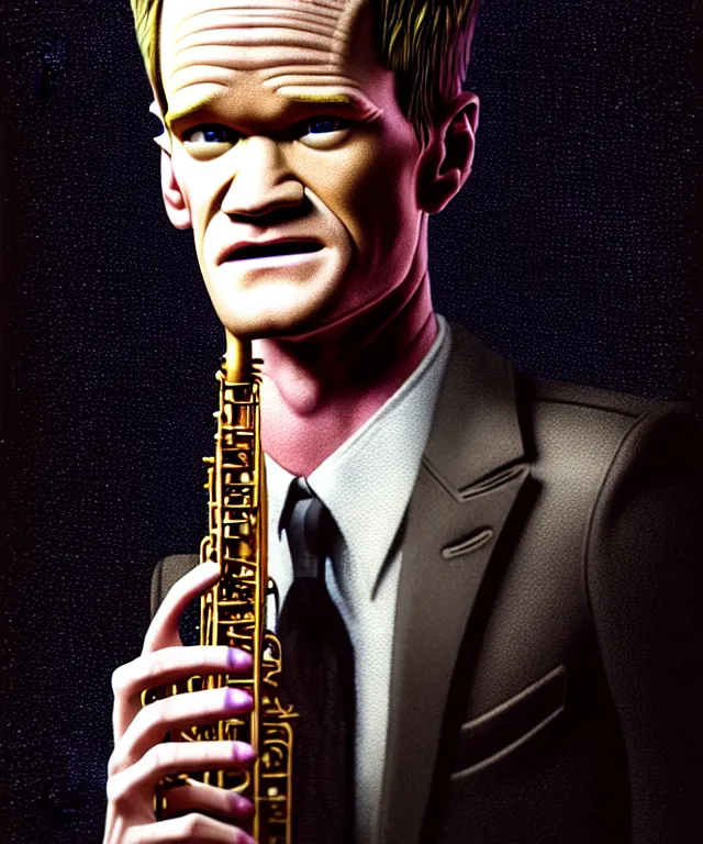 Image similar to hyperrealistic mixed media painting of Neil Patrick Harris as a jazz musician, dimly lit 1920s speakeasy, stunning 3d render inspired art by P. Craig Russell and Barry Windsor-Smith + perfect facial symmetry + dim volumetric lighting, 8k octane beautifully detailed render, post-processing, extremely hyperdetailed, intricate, epic composition, grim yet sparkling atmosphere, cinematic lighting + masterpiece, trending on artstation, very very detailed, masterpiece, stunning