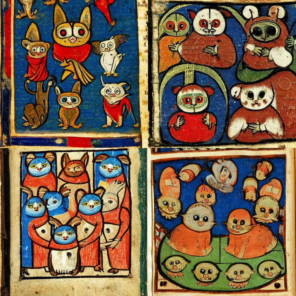 Prompt: medieval manuscript with paintings of Furbys, 1100CE