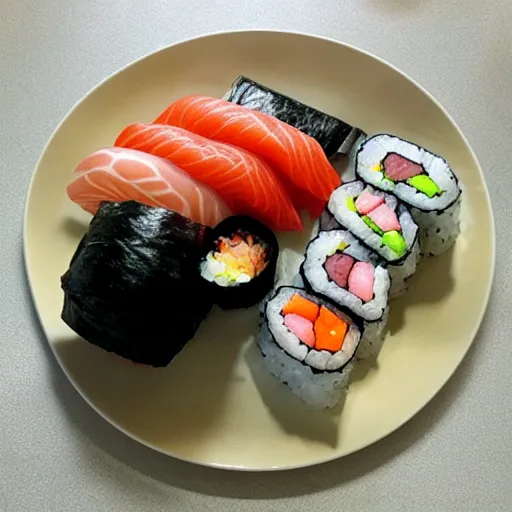 Image similar to a pile of sushi in the shape of a cat.