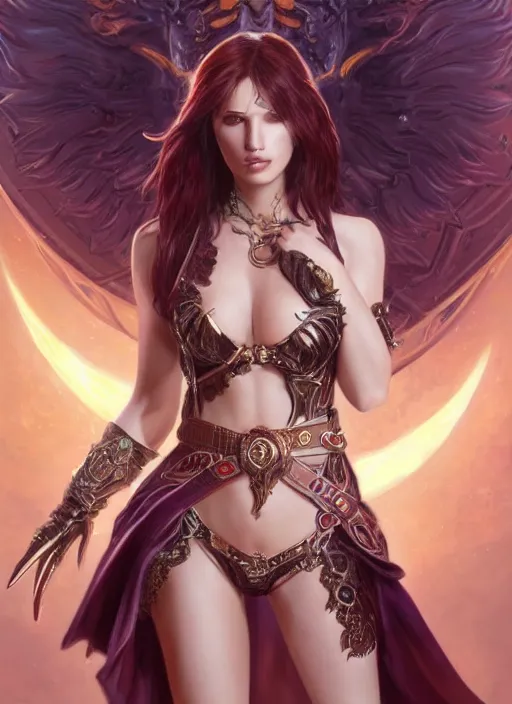 Image similar to ultra realistic illustration, bella thorne as diablo 3 angel anime with adonis belt, intricate, elegant, highly detailed, digital painting, artstation, concept art, smooth, sharp focus, illustration, art by artgerm and greg rutkowski and alphonse mucha and wlop