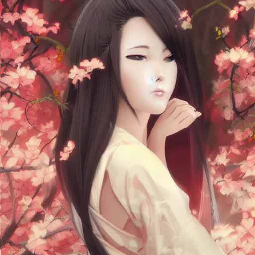 Image similar to A realistic anime portrait of a beautiful kitsune woman with a human face wearing a kimono, digital painting, by Stanley Artgerm Lau, WLOP, and Rossdraws, digtial painting, trending on ArtStation, deviantart