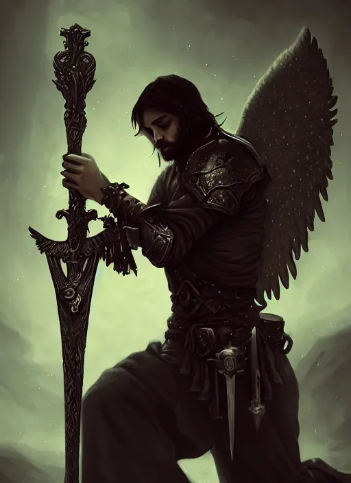 Image similar to fantasy art, fallen man angel kneeling with a sword and shield and wings, close-up, bokeh. dark art masterpiece artstation. 8k, sharp high quality illustration in style of Jose Daniel Cabrera Pena and Leonid Kozienko, Tooth Wu, studio lighting