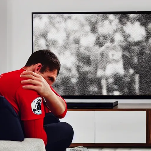 Prompt: A man crying in a Manchester United shirt while watching his TV, epic quality, sharp focus, 8k, dramatic,