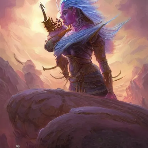 Image similar to 8k highly detailed fantasy illustration by Anato Finnstark of a female giantess character from Dungeons and Dragons, she has pale blue skin!!!, bald shaved head!!!, dressed like a warrior monk, she is seated in a crowded tavern drinking large mugs of mead, she has white eyes!!!, gambling with friends-g