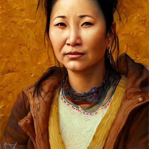 Prompt: portrait of an kyrgyzstani woman ( 3 5 ) from kyrgyzstan in 2 0 2 1, an oil painting by ross tran and thomas kincade