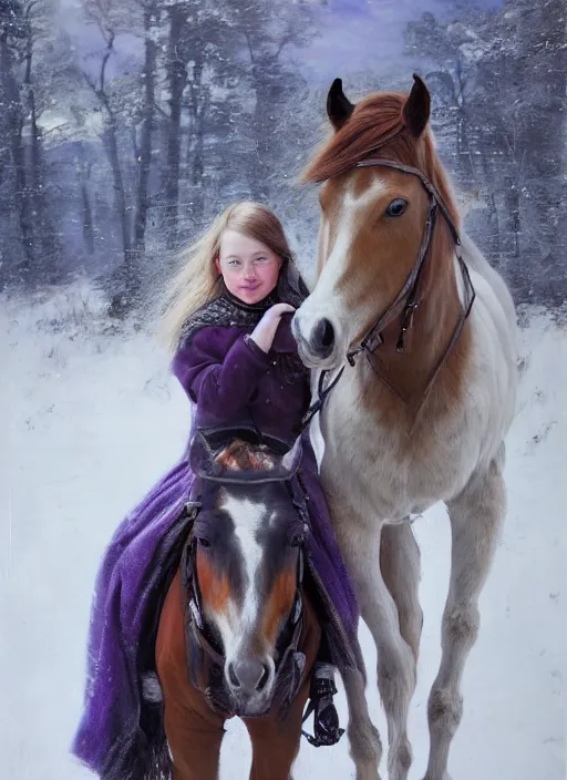 Image similar to portrait of a nordic girl with violet eyes and her horse in a snowy tundra. by Daniel F. Gerhartz, hyperrealistic oil painting, 4k, very detailed faces, studio lightning