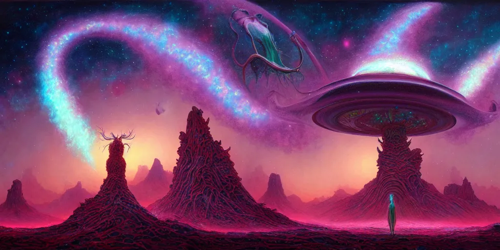 Prompt: of a beautiful digital photorealistic painting of a large alien shrine life and death surrounded by mystic nebula magical rosses by moebius and android jones, oil on canvas sharp, details, hyper - detailed, hd, hdr, 4 k, 8 k